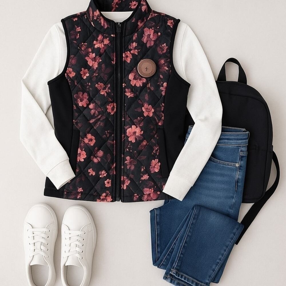 Skechers Women's Floral Print Vest Black Pink Sleeveless Zip Size‎ Large